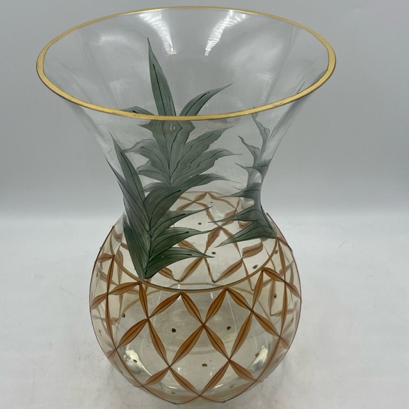 Vintage Romanian Pineapple Mouth Blown Hand Painted Glass Vase with Gold Accents